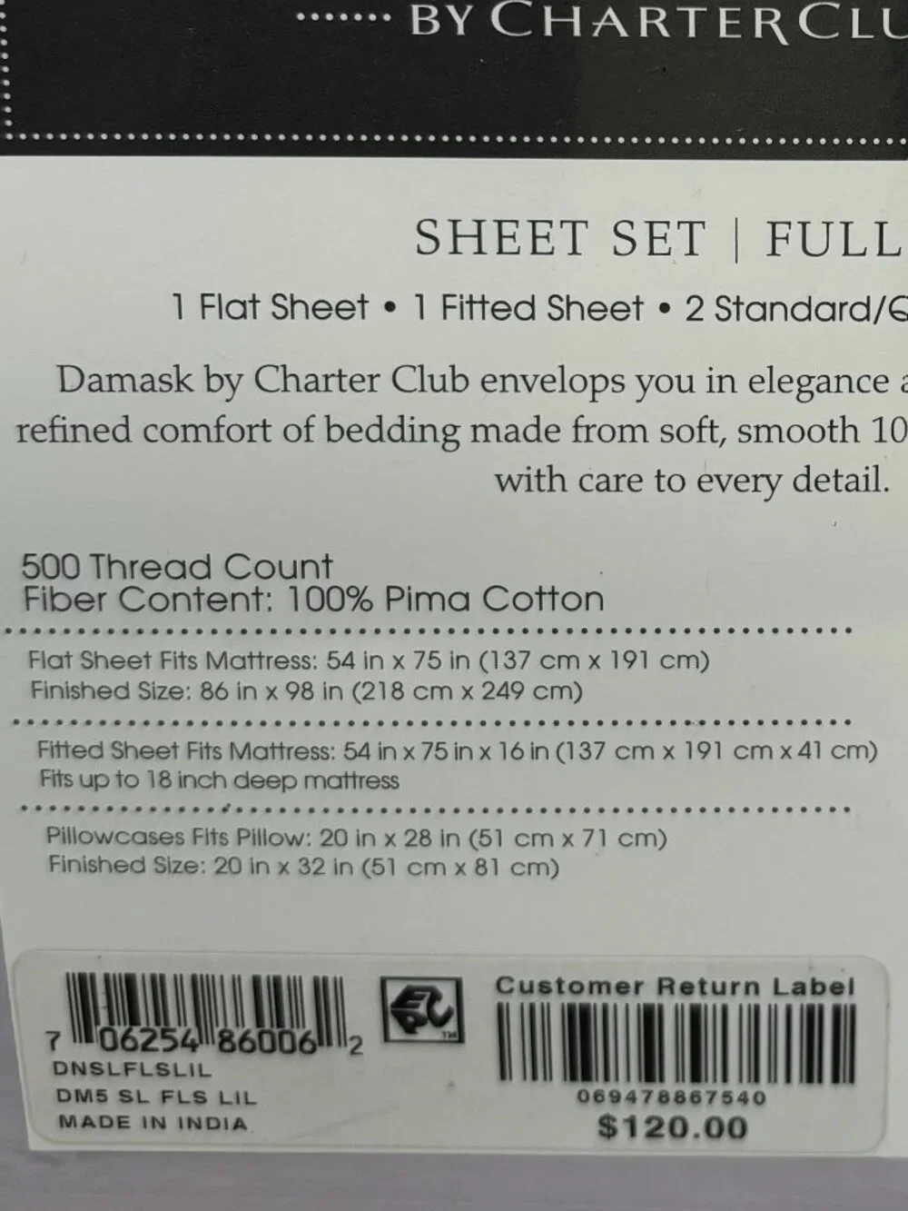 Charter Club Damask Solid 100% Pima Cotton Full Size 4 Piece Sheet Set (NWT)